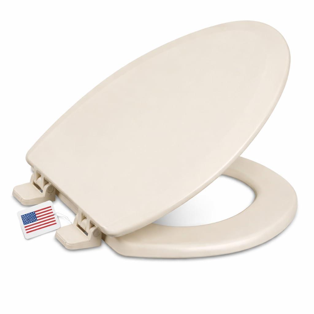 Centoco Heavy-Duty Elongated Toilet Seat, Wood Core with Scratch-Resistant Plastic Finish, Won't Crack or Fade, Residential, Made in the USA, DSAMAZ9-416, Biscuit