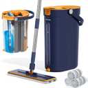 HoMettler Mop and Bucket Set with Wringer, 3-Tank Flat Mop and Bucket System, Wall Mop Cleaner with Long Handle, Hands Free Mops for Floor Cleaning with 4 Microfiber Pads