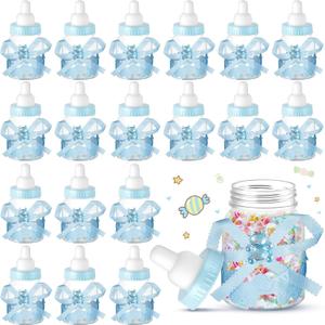 Nuenen 36 Pcs Baby Shower Mini Milk Bottle Plastic Bear Bottles for Baby Shower Candy Jar with Ribbon for Party Favor Gift (Blue,Stylish)