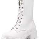 IDIFU IN3 Platform Combat Boots for Women Mid Calf Lace Up Boots Lug Sole Low Chunky Block Heel Boots Closed Round Toe Side Zipper Booties Fashion Thick Fall Heeled Boots-LOOSEN ALL LACES FIRSTLY (7, White Pu)