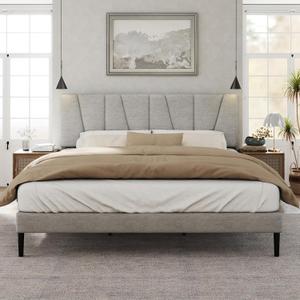 King Size Bed Frame with Fabric Upholstered Headboard, Platform Bed with Wooden Slats Support, Fully Mattress Foundation, Box Spring Optional, Easy Assembly (Light Grey)
