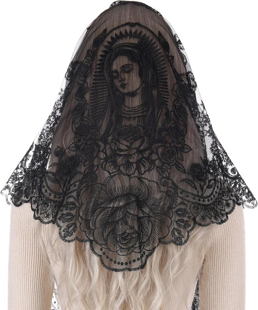 Bozidol Mantilla Veils for Church Catholic, Triangle Virgin Mary Floral Lace Chapel Veils Latin Mass Head Coverings for Women