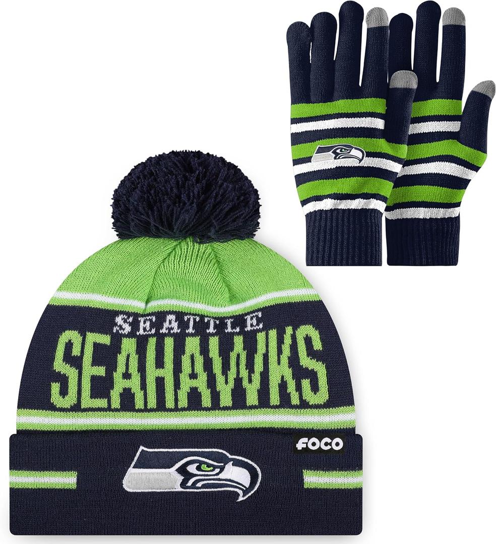FOCO NFL unisex-adult Nfl Team Logo Adult Stretch Gloves With Big Wordmark Strip Pom Knit Hat Beanie Set (One Size)