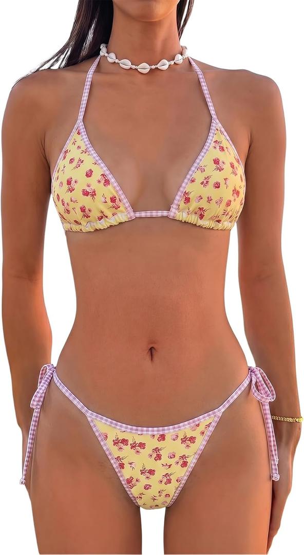 MakeMeChic Women's Floral Triangle Thong Bikini Sets Halter Gingham Swimsuit Bathing Suit (Medium)