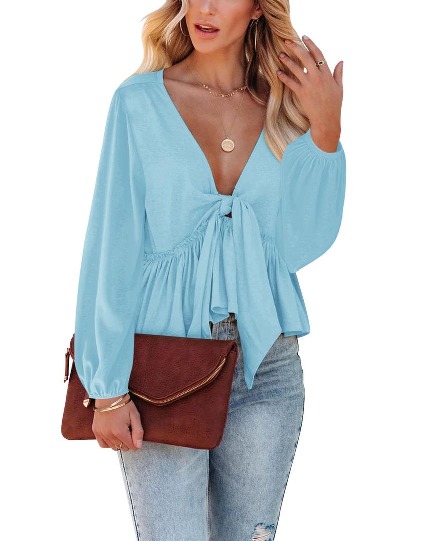 Fanway&EC Women's Long Sleeve V Neck Blouses Babydoll Tie Front Shirts Ruffle Hem Casual Crop Tops XL