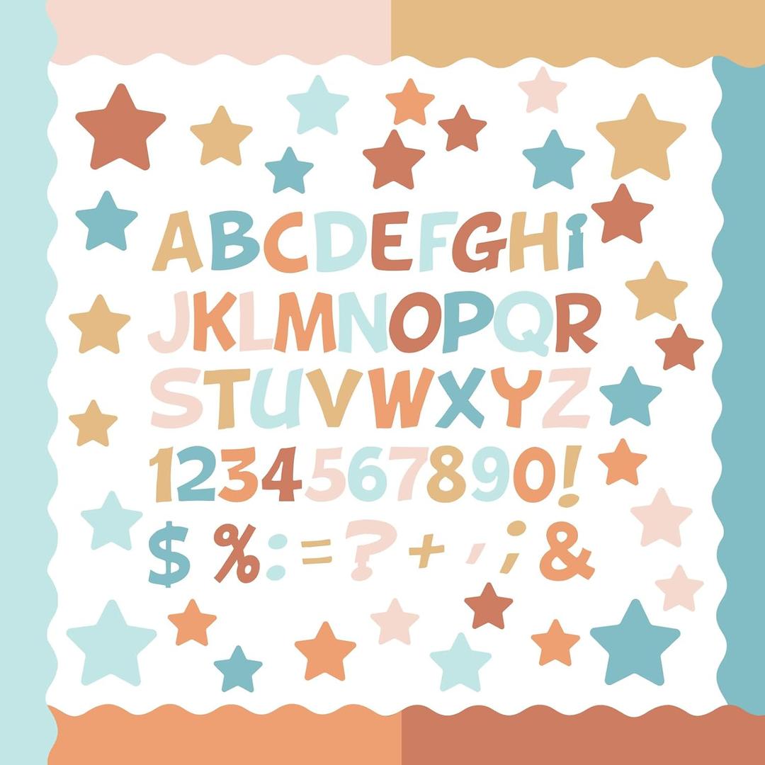 Containlol 188 Pcs Bulletin Board Borders Letters Stars Cutouts Set Include 59ft Poster Board Trims, Alphabet Letter Star Number Punctuation for Classroom(Retro Groovy Boho Color)