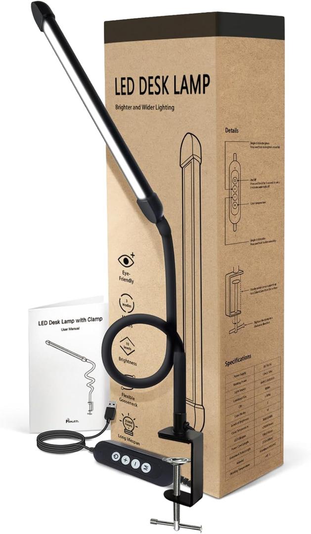 LED Desk Lamp with Clamp, Clamp Light with 30 Adjustable Color Modes, Clip on Light with Long Flexible Gooseneck, Eye Care Lamp Clamp for Study, Work, Home, Office, Black, 12W