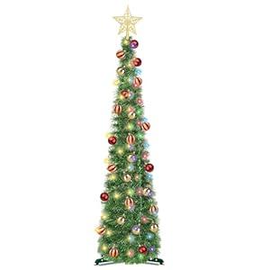 5 Ft Pop Up Christmas Tinsel Tree with Timer Warm White & Multi Color Change Lights Battery Operated Pencil Christmas Slim Tree with 25 Ball Ornaments & Star Xmas Home Indoor Holiday Decor (Green)