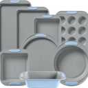 Pyrex 8-Piece Metal Bakeware Set, Lightweight Stainless Steel Baking Trays with Heatsafe Silicone Handles, Cookie & Muffin Sheets, Round/Square Baking Pans, Cerulean
