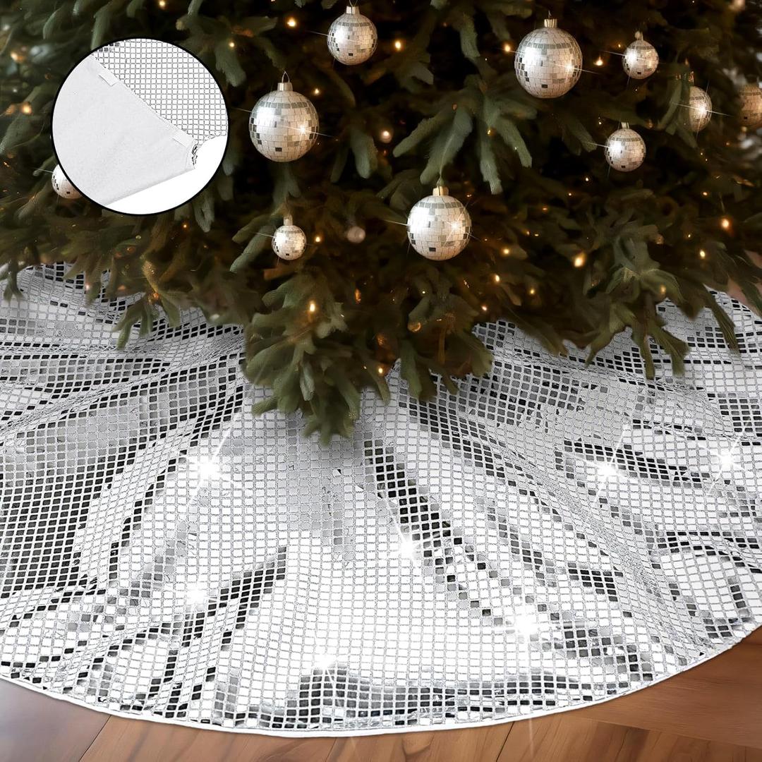 Realspring Silver Christmas Tree Skirt Disco Xmas Tree Mat Sequin Bling Christmas Tree Skirt for Christmas Tree Decorations Ornaments Festival Holiday Party(48 Inch)