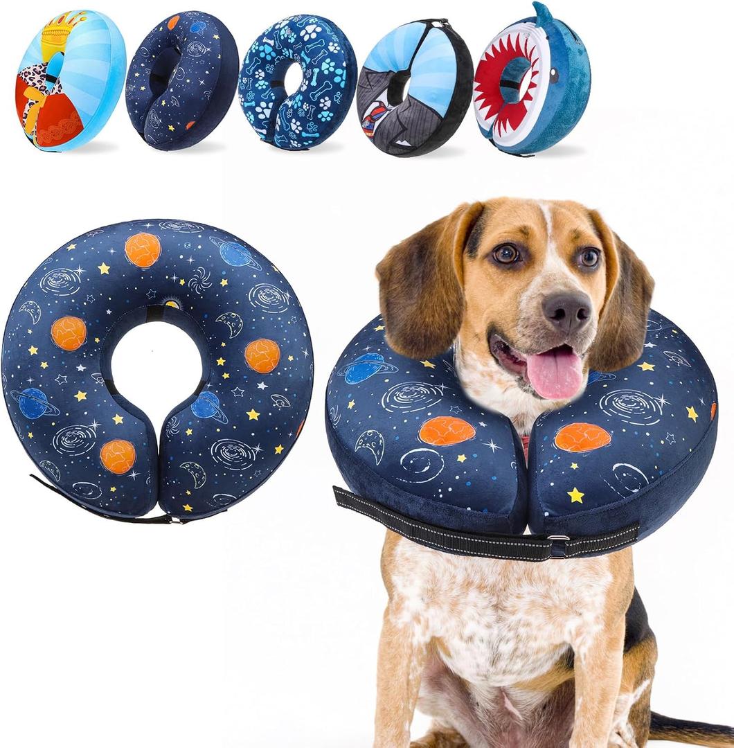 SCENEREAL Dog Cone Alternative After Surgery Donut Collar, Soft Pet Recovery Pillow Collar for Medium Large Dogs, Inflatable Adjustable Neck Collars to Prevent Licking, Planet Print E-Collars M
