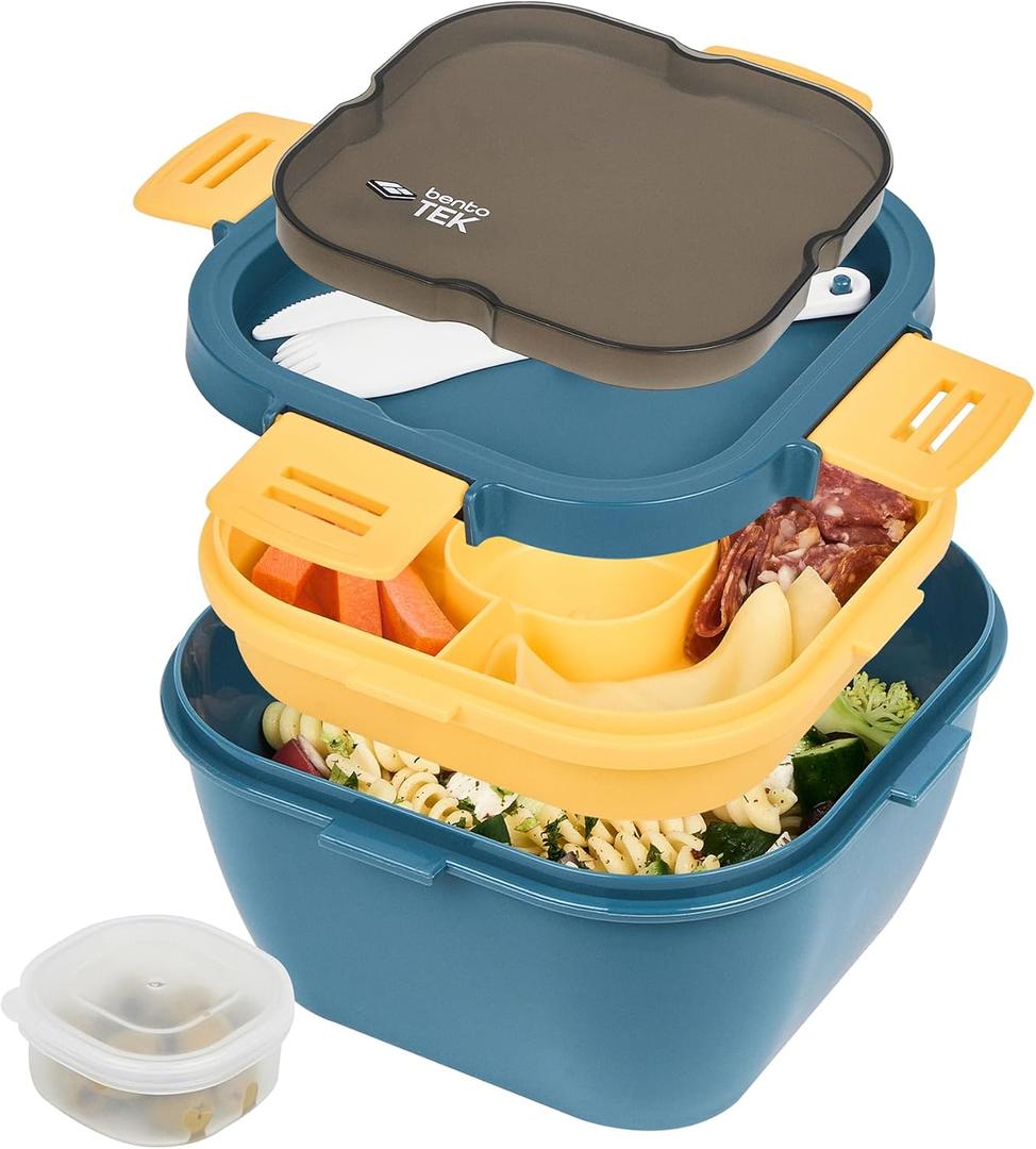 Restaurantware-Bento Tek 57.5 Ounce Bento Box, 1 Reusable Lunch Container - With Fork And Knife, Does Not Contain BPA, Blue And Yellow Plastic Reusable Lunch Box, Microwavable, Dishwashable