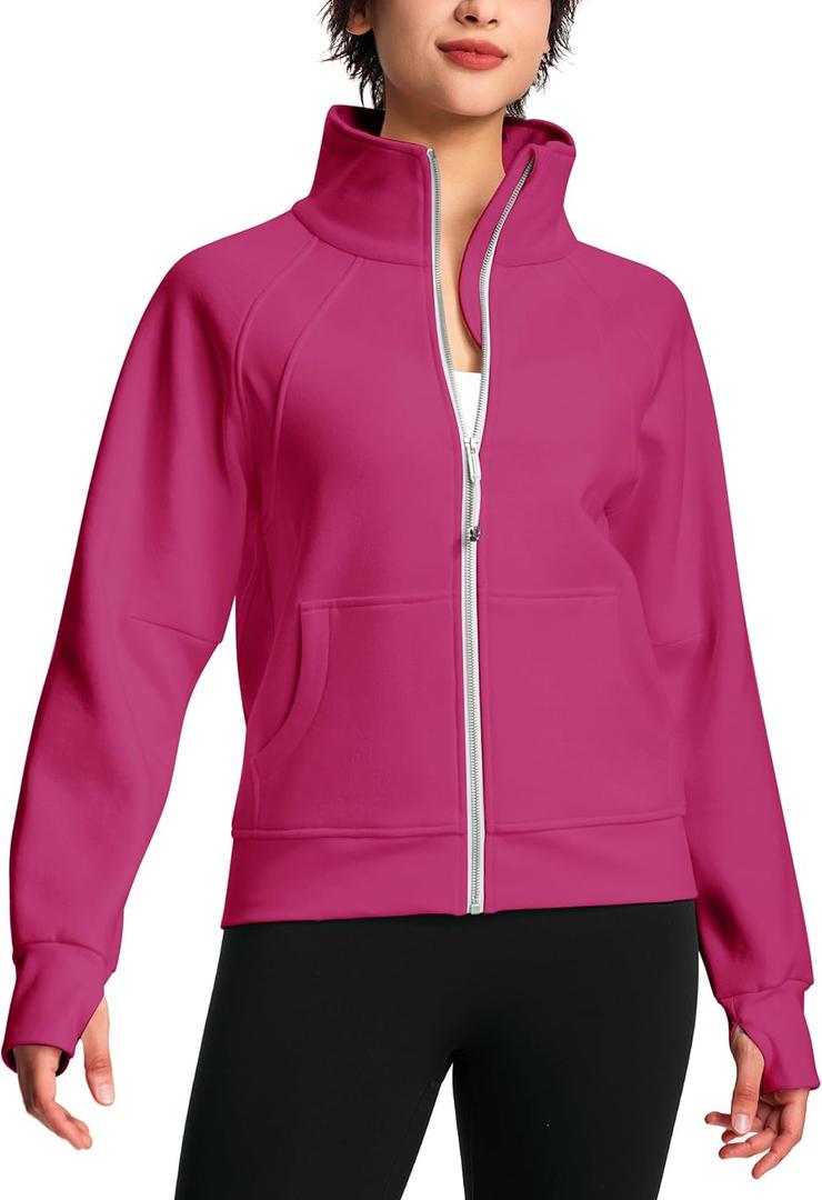 Womens Fleece Lined Half Zip Pullover Cotton Winter Warm Sweatshirt for Women with Thumbhole Pocket (Pink)