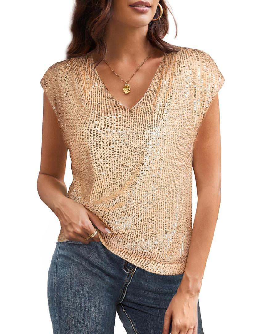 GRACE KARIN V Neck Sequin Short Sleeve Tops for Women Elastic Sparkly Tank Top for Party, Size 2XL