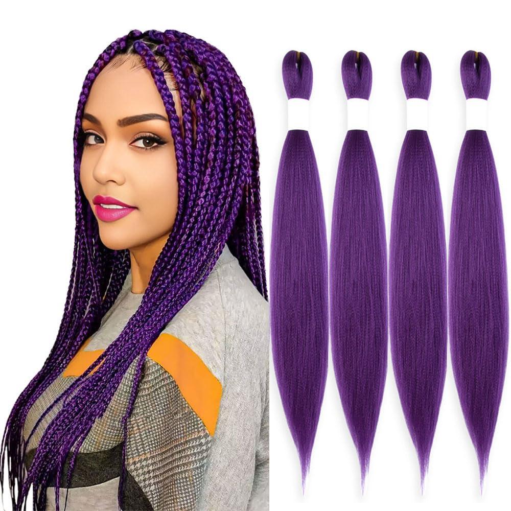 Purple Braiding Hair 20 Inch Pre Stretched Hair Long Straight Crochet Braids Yaki Texture Synthetic Fiber 4 Packs (Dark Purple)