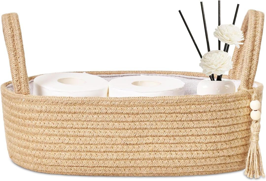 ABenkle Small Storage Basket, Jute Rope Woven Toilet Paper Tray Organizer for Toilet Tank Top, Boho Bathroom Decor Holder for Shelf Bedroom Living Room -13x6x4 Inches