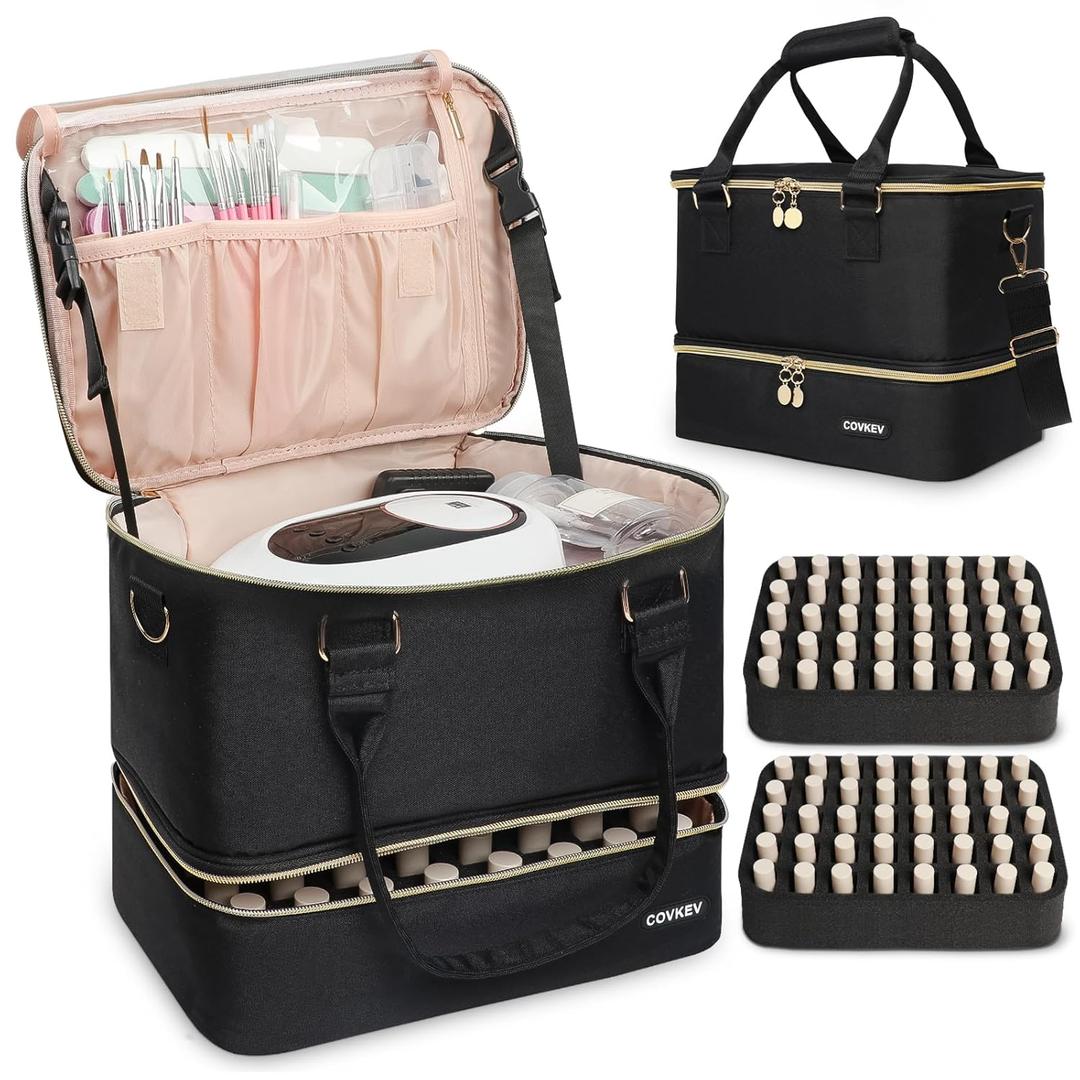 Covkev Nail Polish Organizer Hold 80 Bottles (15ml/0.5 fl.oz)& Nail Lamp, Double Layer Nail Bag Organizer Case with Handle, Large Nail Supplies& Kit Storage Case for Women Travel (Black& Golden)