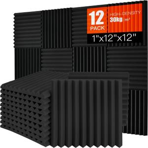 Acoustic Foam Panels 12 Pack 1" x 12"x 12" High Density Soundproofing Wedges for Wall Sound Proof Foam Panels Noise Absorbing Blocker and Sound-Damping Black Perfect for Studio Office Gaming Room (12 x 12 x 1 Inches, Black 12Pack)