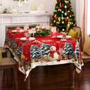 Christmas Tablecloth Rectangle 60x102 Inch, Red Snowman & Pine Tree Table Cloth, Winter Snow Scene Holiday Rectangular Table Cover, Waterproof and Washable Xmas Dining Room Decoration