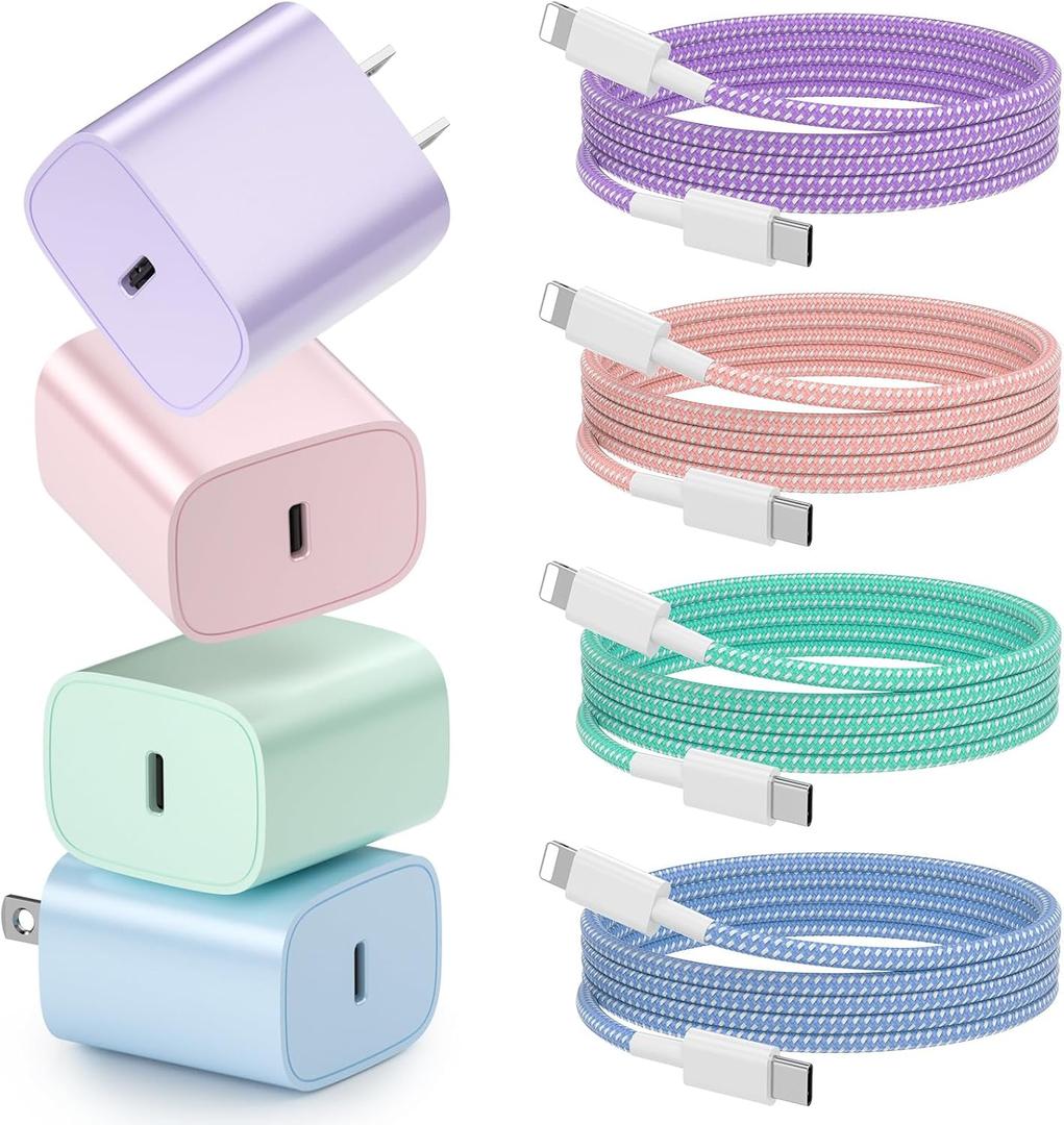 Phone Charger Fast Charging, 4 Pack 20W USB C Wall Charger Block with 6FT Charging Cable Type C Fast Charge Block Compatible with Phone 14/14 Pro Max/13/13 Pro/12/12 Pro/11/11 Pro/XS, Pad and More