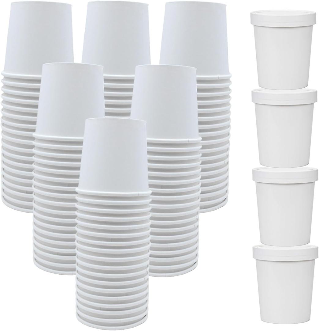 60 Pack 12 oz White Paper Ice Cream Cups with Lids, To Go Soup Containers Dessert Bowl, Microwave and Freezer Safe Food Storage Bowls for Parties, Christmas, Takeout, Picnics