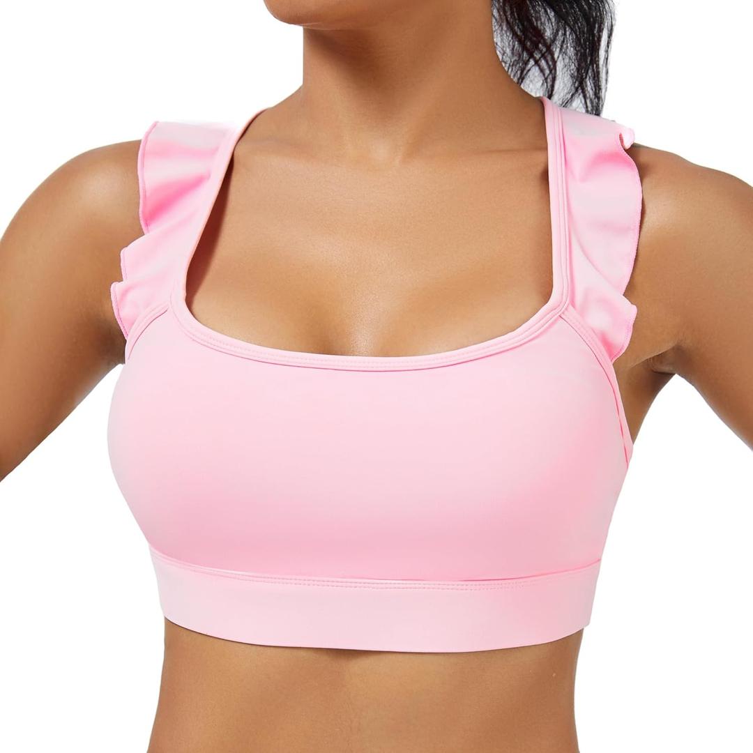 TDCQZY Women's Sports Bras Ruffled Y Back Padded Racerback Supportive Workout Yoga Bra (X-Large, Pink)