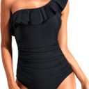 Tempt Me Women One Piece Swimsuits Tummy Control One Shoulder Bathing Suits Ruffle Swimwear (Black)