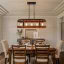 Rustic Farmhouse Wood Kitchen Island Lighting, 5 Lights Rectangular Pendant Light Fixture, Adjustable Rods Oak Wood and Metal Linear Chandelier for Kitchen Island Farmhouse Dining Room, Black, Large 5 lights