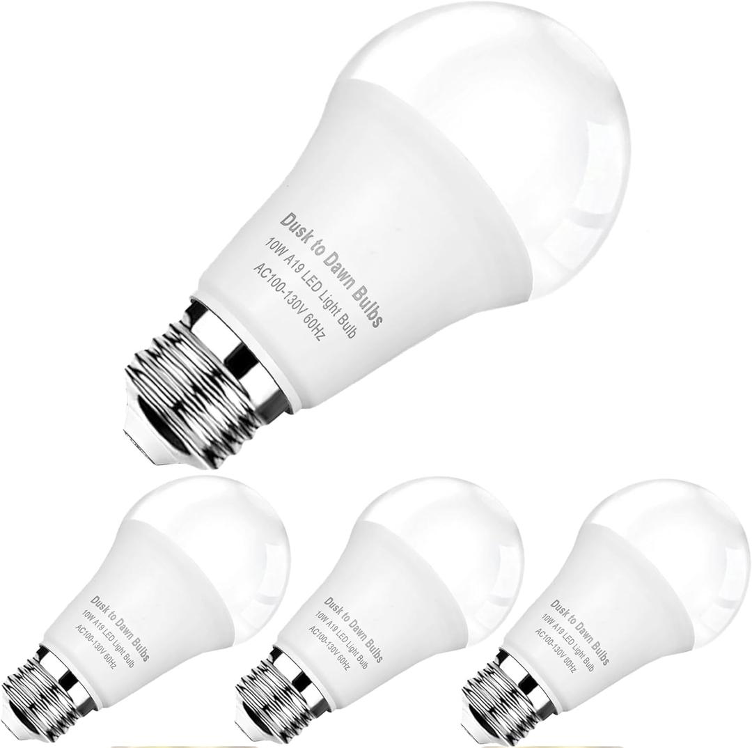 4-Pack Dusk to Dawn LED Light Bulbs, 75W Equivalent, Daylight 5000K 1,100LM, Automatic On/Off Outdoor Light, E26 A19 10W Bright Porch Light Bulbs, for Indoor/Outdoor Yard Patio Garage Garden