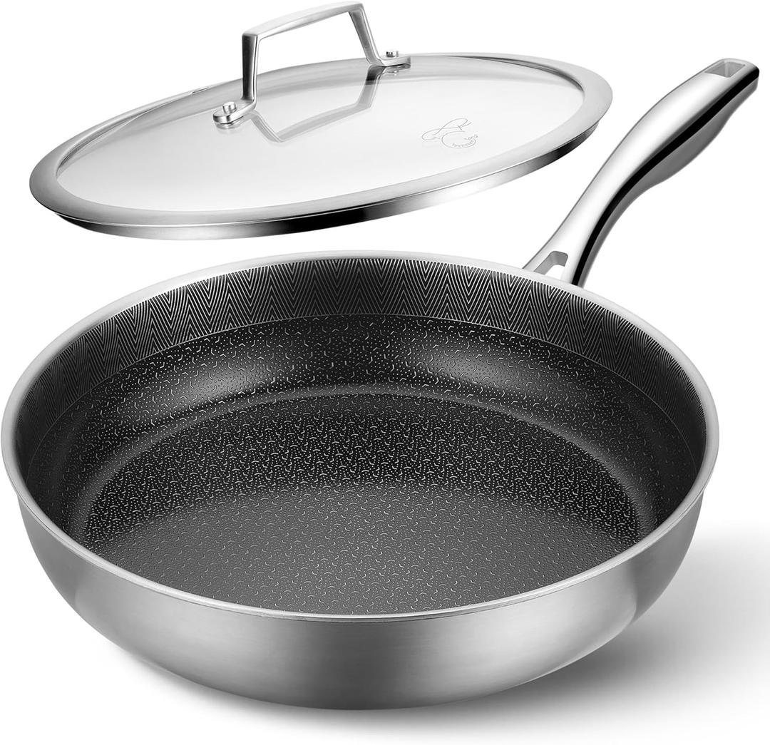 PekGema Hybird Nonstick Frying Pan with Lid 12 inch, Stainless Steel Skillet, Ceramic Non-stick Oven-Safe Chef Pan, Induction Ready, PFOA PFAS FREE Cookware