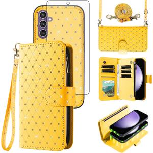 Compatible with Samsung Galaxy S23 FE 5G Wallet Case Zipper Cell and Tempered Glass Screen Protector Crossbody Strap Glitter Flip Card Holder Phone Cover for S 23 EF S23FE 23S Women Yellow