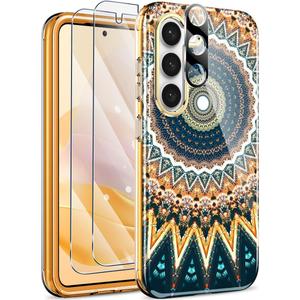 Hocase for Galaxy S23 Plus Case, (with 2 Screen Protectors + 1 Camera Protector) Shockproof Soft TPU+Hard Plastic Full Body Protective Case for Samsung Galaxy S23 Plus 5G 2023 - Orange Mandala