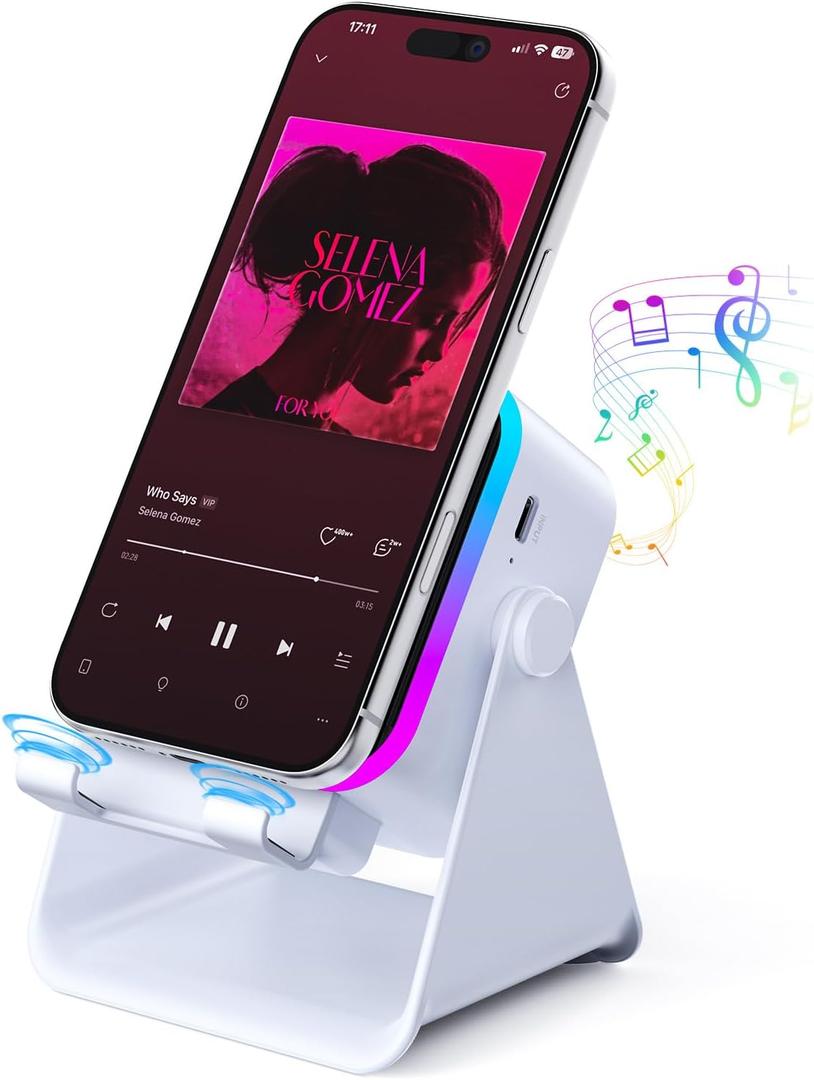 Wireless Bluetooth Induction Speaker, Phone Speaker Amplifier with Colorful Lights & 3500mAh Battery, Portable Phone Stand Compatible with iPhone/iPad/Android/Samsung - White