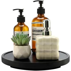 Black Wooden Bathroom Tray Round Perfume Dresser Trays for Vanity Small Wood Lazy Susan Turntable for Table Decorative Kitchen Sink Soap Holder Rotating Bathroom Countertop Decor Organizer Accessories