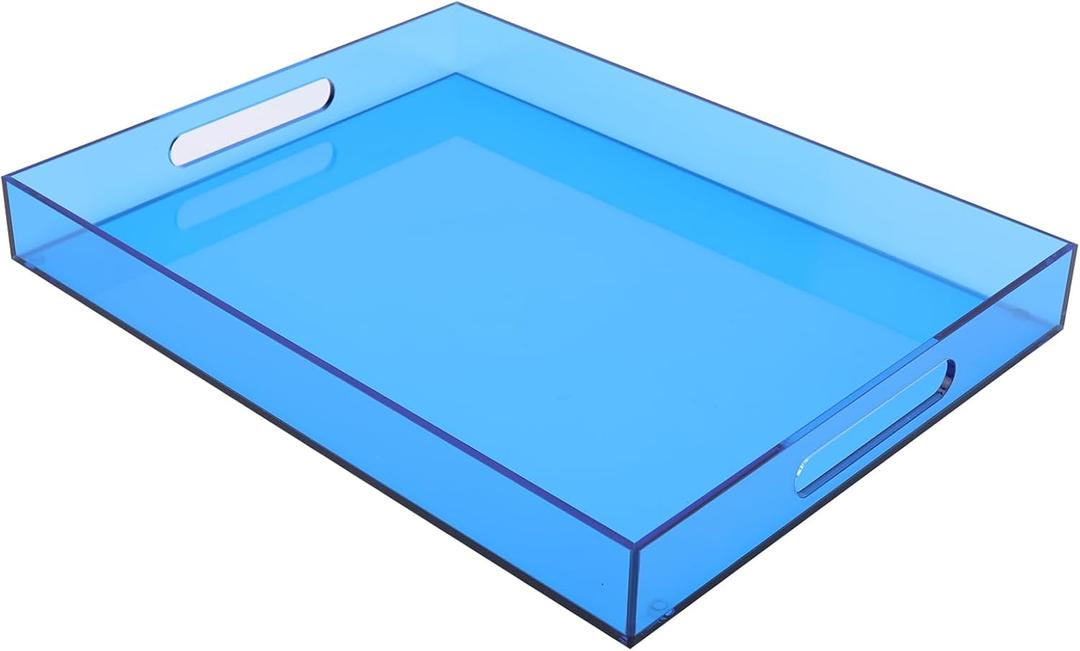 Large Acrylic Tray Ottoman Coffee Table Tray with Handles 17x13'' Decorative Serving Platter for Food Tea Dinner Snack Eating Bar Party, Blue