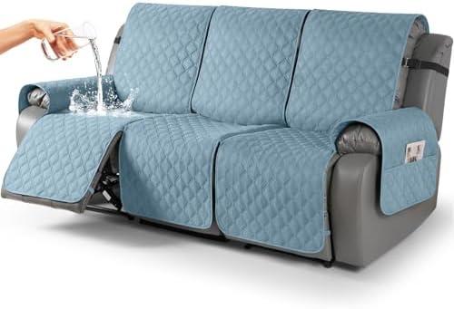 TAOCOCO 100% Waterproof Recliner Covers, Recliner Sofa Covers with Leg Straps, Reversible Recliner Couch Cover for Reclining Chair, Washable Couch Protector for Pets Kids(3 Seater, Sky Blue)