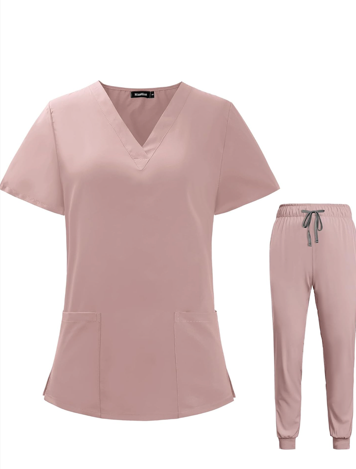 VIAOLI Scrubs for Women Set V-Neck Pocket Top & Drawstring Jogger Scrub Pants Stretch Nursing Scrubs Set Uniform S
