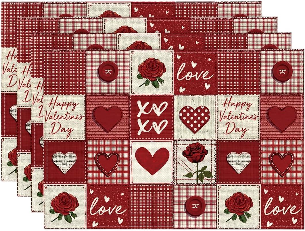 Artoid Mode Buffalo Plaid Love Hearts Valentine Placemats Set of 4, 12x18 Inch Anniversary Wedding Table Mats for Party Kitchen Dining Decoration