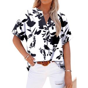 Womens Summer Dressy Tops V-Neck Short Sleeved Floral Business Casual Work Blouses Shirts, XX-Large, 1-Black Flower