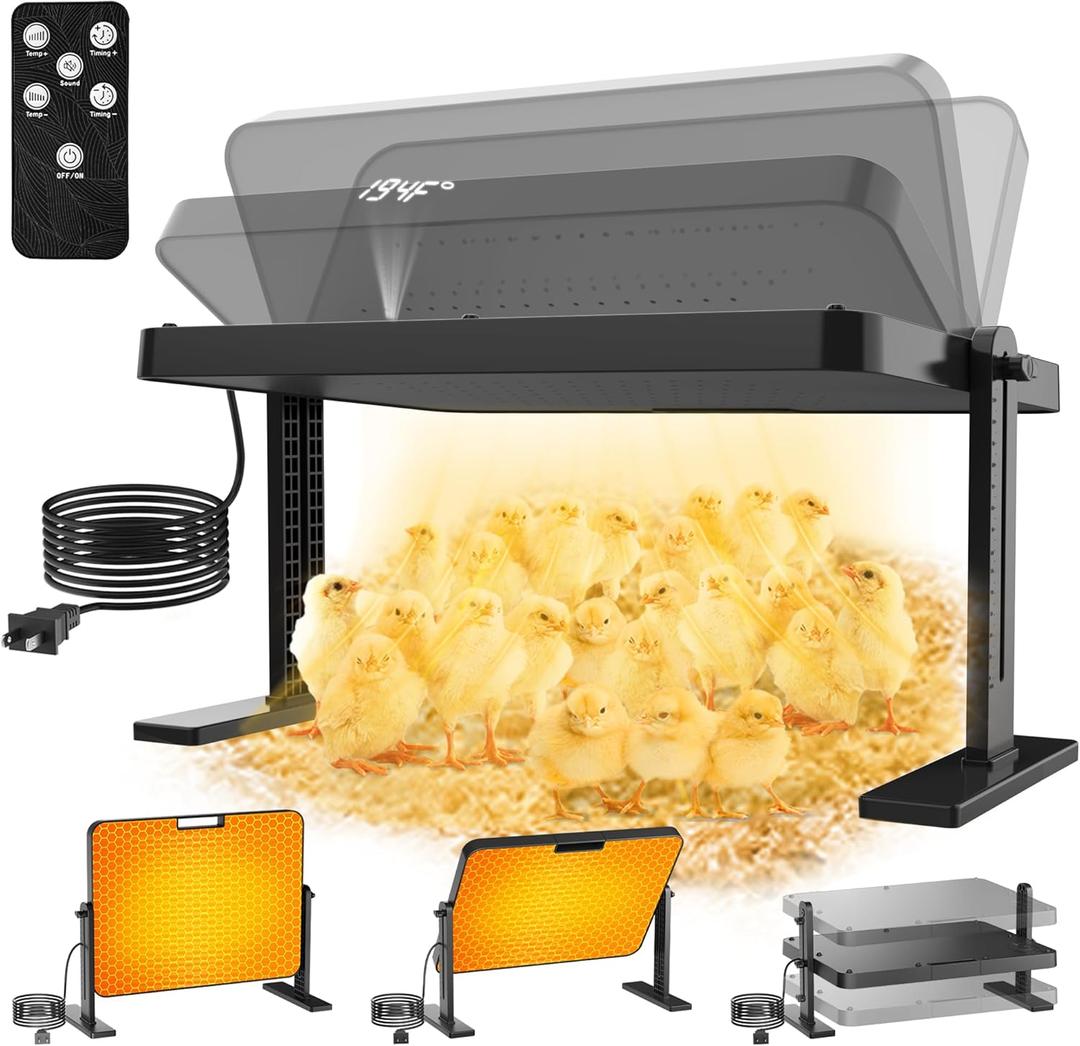 Chicken Brooder, 200W 16x12in Large Chick Heat Plate with Adjustable Temp(86~194) & 12H Timer & Height & Angle & Remote Control for Coops Poultry, Anti-Scald Brooder Heater for 30 Chicks (Black)