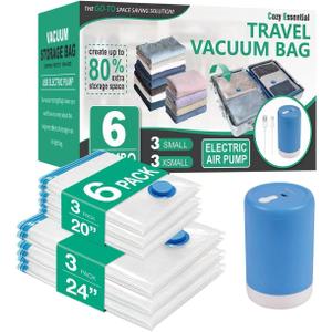 6 Pack Travel Vacuum Storage Bags with Rechargeable Wireless Electric Pump for Luggage, Suitcase, Carry-on Size Vacuum Seal Compression Space Saver Bags for Clothes and Clothing Travel