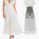 Popilush Women's Formal Wedding Guest Lace Sleeveless V Neck Maxi Shapewear Dress Evening Mother of Bride Split Dresses, M