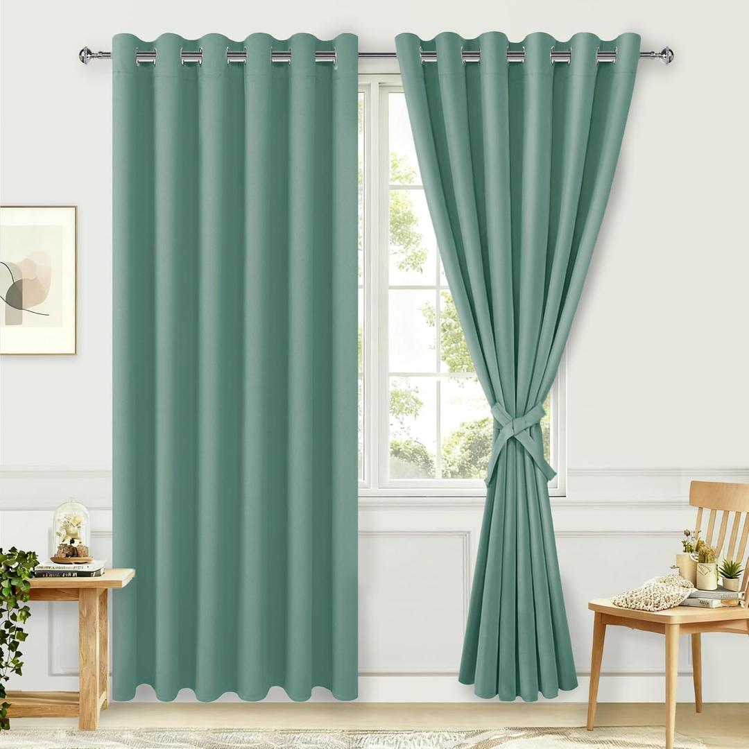 Hiasan Room Darkening Curtains for Bedroom, 70 x 84 Inches - Thermal Insulated & Energy Saving Window Drapes for Living Room/Dorm Room, Set of 2 Panels Sewn with Tiebacks, Sage Green
