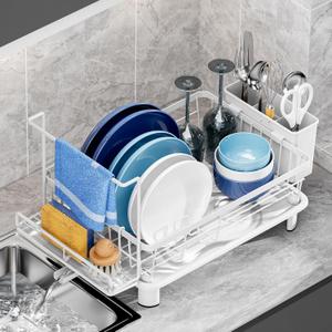 Dish Drying Rack, Stainless Steel-Dish Rack, Dish Racks for Kitchen Counter, Kitchen Dish Drainers with Removable Utensil Holder,New drain outlet,Plate Rack and Drainboard,(white 2 with Sponge Rack)