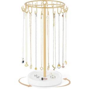 Mkono Rotating Necklace Holder Metal Jewelry Display Stand Gold Necklace Organizer with 22 Hooks Adjustable Tree Tower for Storage and Hanging Bracelet Keychain Home Bedroom Decor Dressing Table Women