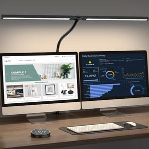 Pzloz Led Desk Lamp for Office Home - Eye Caring Architect lamp with Clamp,Dual Screen Computer Monitor Work Smart Light: 24W 5 Color Flexible Adjustable Lighting Table Lamp for Study Drafting (Black)