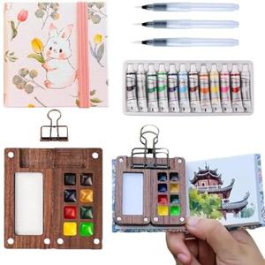 Aimery Mini Watercolor Paint Travel Set, Portable Pocket Size Water Color Painting Kit with Wooden Palette, Refillable Brush & Sketchbook(Pink Tulip Bunny) – Gift for Birthdays, Beginners, Art Lovers