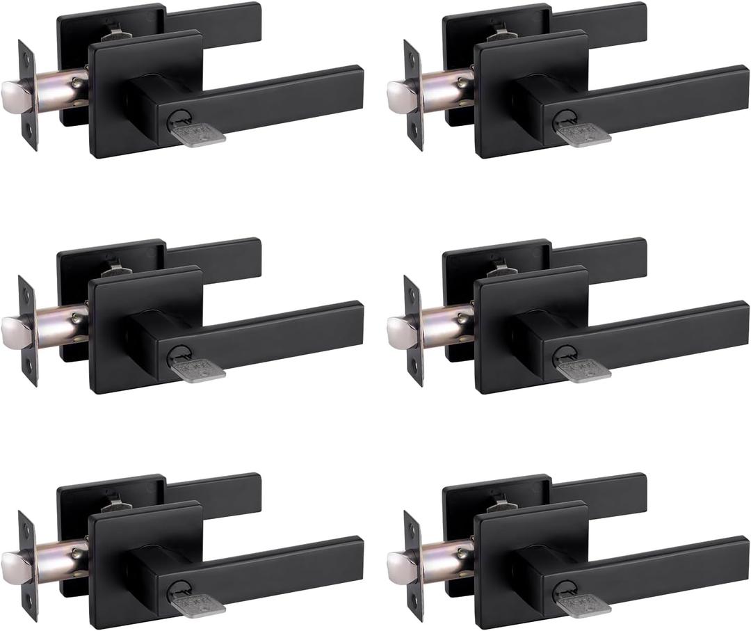 Entry Door Handle with Key GreenShield Lock Set, Heavy Duty Reversible Exterior and Interior Door Lever for Front Entrance, Bedroom and Room (6 Pack, Matte Black)