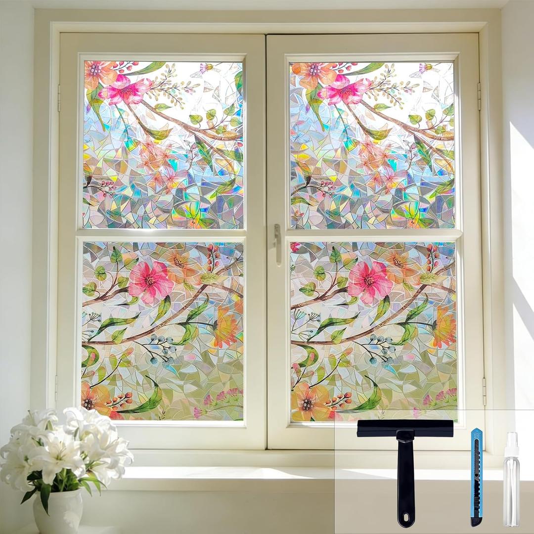 Hilarious Stained Glass Window Film Rainbow Floral Static Cling Window Film Flower Window Privacy Film No Glue Decorative Window Cling UV Blocking Heat Control Glass Windows Privacy Film, 17.5''x78.7 (Gelsemium)