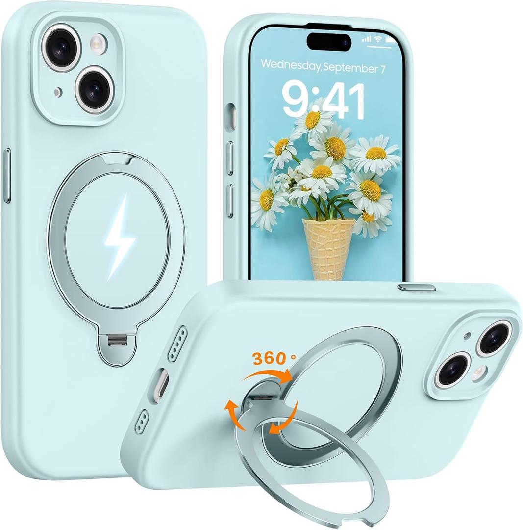 for iPhone 15 Case with 360 Rotatable Magnetic Ring Stand [Full Camera Protection] Mil-Grade Drop Shockproof, Soft Liquid Silicone Phone Case for Women Men (Light Green)